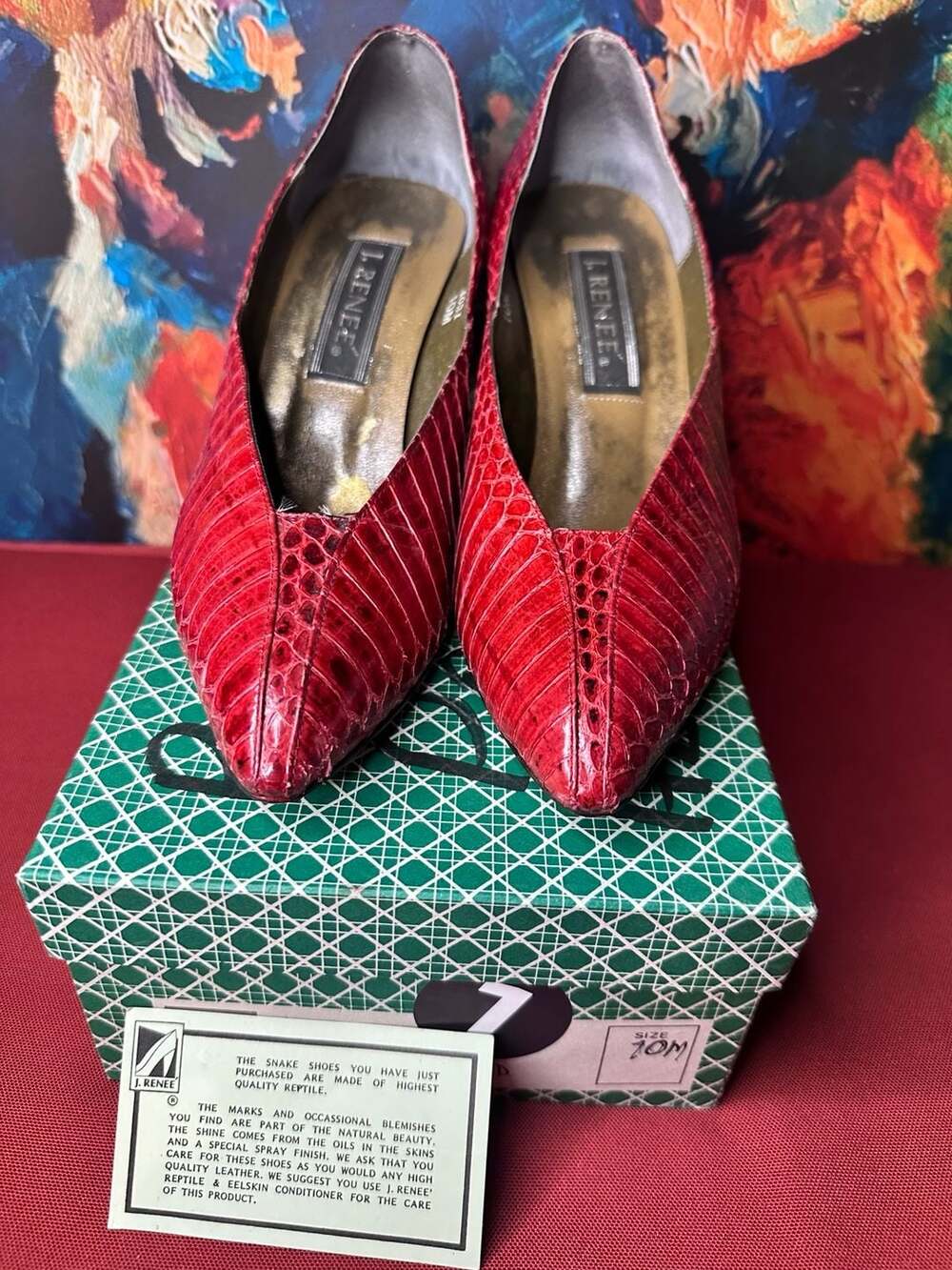 No.01 J. Renee Red Reptile Snake Skin Stiletto Heels Pumps Size 10M Vintage 4031
